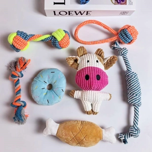 Detailed close-up of 6-piece durable dog rope toys and plush squeaky toys set