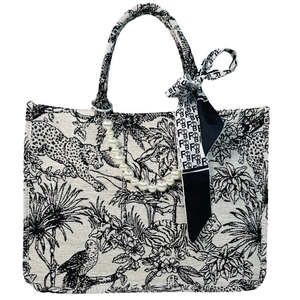 Black and white tiger embroidery tote bag with pearl handle and silk ribbon decoration