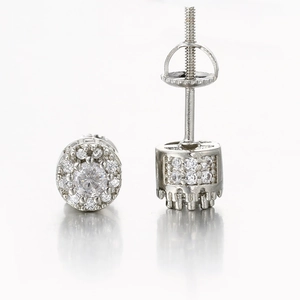 Silver-plated round halo stud earrings with clear zircon stones and screw-back posts