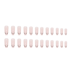 Minimalist nude pink fake nails with black French line art, 24 pieces set in medium length