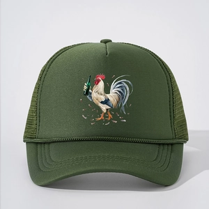 Army green trucker hat with creative rooster and beer bottle graphic print