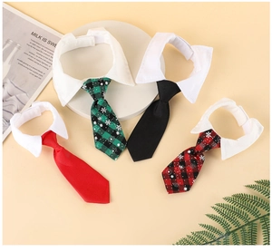 Detail of adjustable pet shirt collars with neckties in solid colors and plaid patterns