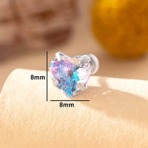 8mm heart-shaped rainbow zircon stud earrings with screw back in polished silver steel