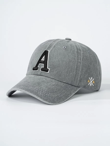 Detailed view of gray washed cotton baseball cap with black embroidered A letter and stitching