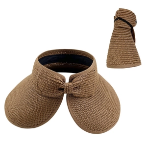 Visiera parasole pieghevole in paglia beige da donna con fiocco elegante e design aperto