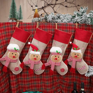 Christmas Stocking Gingerbread Man Burlap Plush Hanging Decoration Fireplace Ornament Festive Candy Gift Bag