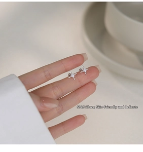 Macro shot of S925 sterling silver star stud earring with square cubic zirconia stone