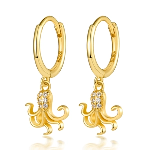 Elegant gold-plated S925 sterling silver octopus hoop earrings with micro-set zircon stones