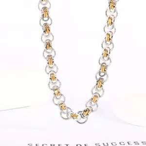 Industrial bicolor titanium steel Byzantine chain necklace with silver and gold interlocking