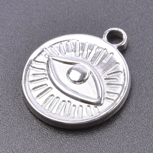 Polished stainless steel evil eye pendant with embossed details and top link ring
