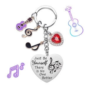 Porte-clés musical en acier inoxydable avec pendentif cœur et breloques d'instruments
