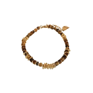Faux tiger eye stone geometric beaded bracelet with gold cylinder accents on white background