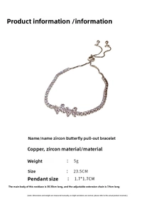 Detail specifications of zircon butterfly adjustable bracelet with dimensions and 5g weight
