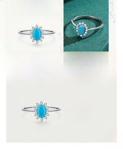 Detailed close-up of S925 silver sunflower ring with oval 4x6mm turquoise center stone