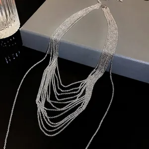 Silver multi-layer thin chain necklace with geometric layered design for women