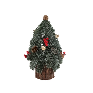 Mini artificial green Christmas tree with red berries, pine cones, and snowy details on wood base