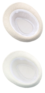 Detail view showing breathable paper straw weave and inner sweatband of the fedora hat