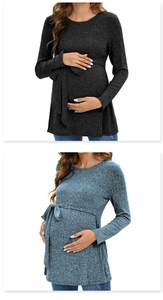 Detail of ribbed knit maternity sweater with waist tie in black and blue-grey colors