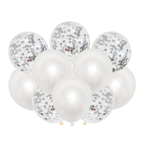 Detail of 12-inch white latex and clear silver confetti balloons for wedding party decor