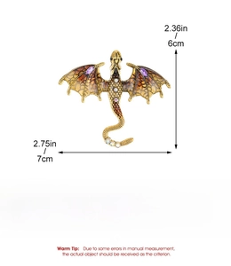 Detailed technical specification of a vintage amber dragon brooch with dimensions and weight