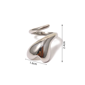 Detail view of silver heart ring with specific dimensions 1.6cm width and 2.4cm height