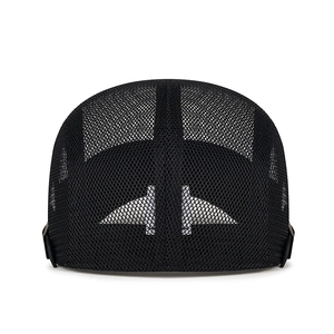 Breathable black mesh beret cap with adjustable side buckles and white geometric patterns