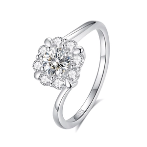 Elegant S925 sterling silver flower shaped ring featuring a brilliant round moissanite stone