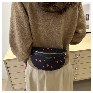 Detail of black waist bag with red cherry patterns and gold zipper on model's back