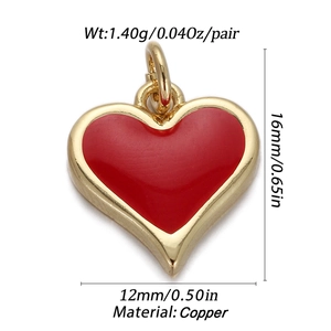 Detailed view of 16x12mm gold copper heart pendant with red filling for DIY jewelry