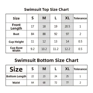 Detailed size chart for lace-up bikini set including S to XL top and bottom measurements