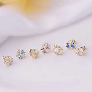 Titanium steel cartilage stud earrings with colorful teardrop zircons in flower design