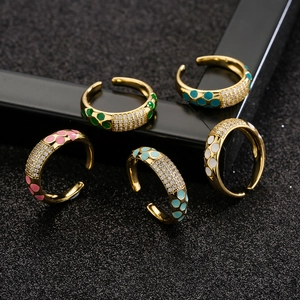 18K gold plated adjustable rings with colorful enamel dots and zircon accents