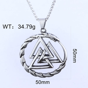 Detailed view of silver Viking Valknut pendant with 50mm size and 34.79g weight specs