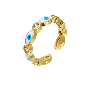 18K gold plated evil eye open ring with blue enamel and cubic zirconia crystals
