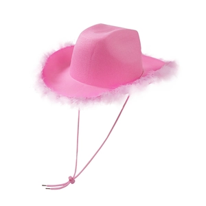 Detailed view of pink western cowboy hat featuring white feather trim and adjustable chin strap