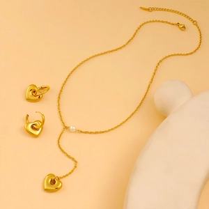 French style gold heart pendant necklace with pearl and matching hoop earrings set