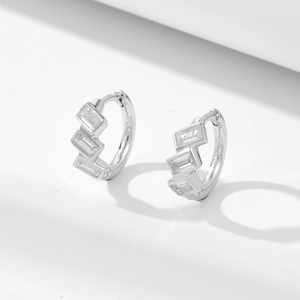 Silver geometric hoop earrings with square zircon stones and 925 hallmark stamp