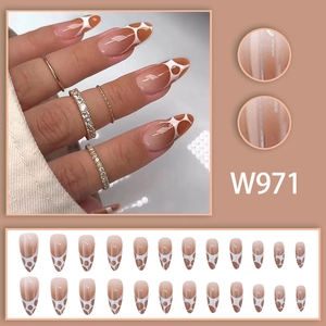 Brown and white gradient almond press-on nails with bubble pattern 24pcs set