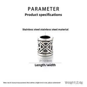Macro shot of 10x9mm stainless steel cylinder bead with Celtic pattern and vintage finish