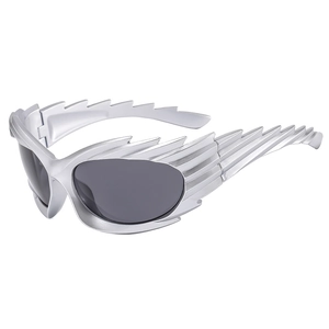 Y2K punk style silver wing frame sunglasses with dark grey lenses for outdoor sports