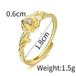Detailed view of adjustable golden rose ring with dimensions and 1.5g weight info