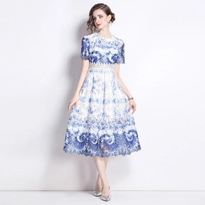 Elegant lace midi dress featuring blue floral print and hollow out embroidery details
