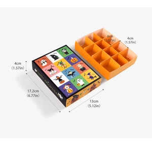 Detailed size guide of a 12-grid Halloween gift box with festive orange and black patterns