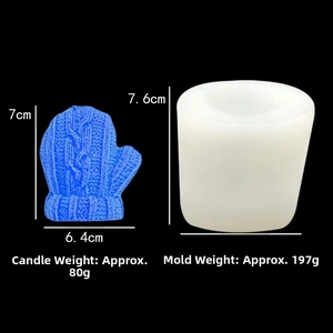 Macro detail of knitted mitten candle silicone mold with product dimensions and weight