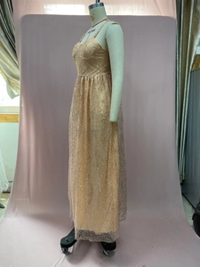 Détails d'une robe en tulle champagne avec paillettes scintillantes et jupe longue plissée