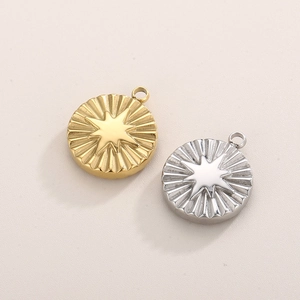 Detail of round starburst pendants in gold and silver finish with embossed sunray texture