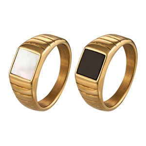 Luxe 14k gold plated geometric signet rings with white pearl and black inlay shell