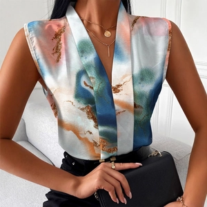 Women's sleeveless V-neck satin top with elegant marble print in orange and blue
