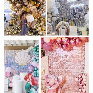 Detail of shimmer wall panels with colorful balloons for birthday party backdrop