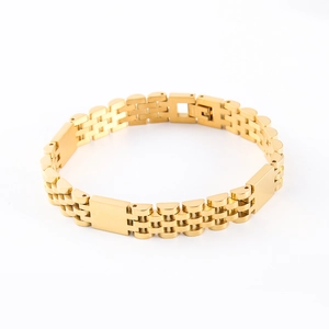 Chunky gold hip hop link bracelet with classic five-link watch band style and folding clasp